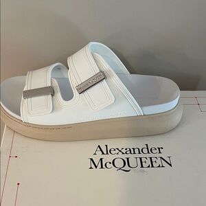 Alexander McQueen White and Tan Slide Sandals